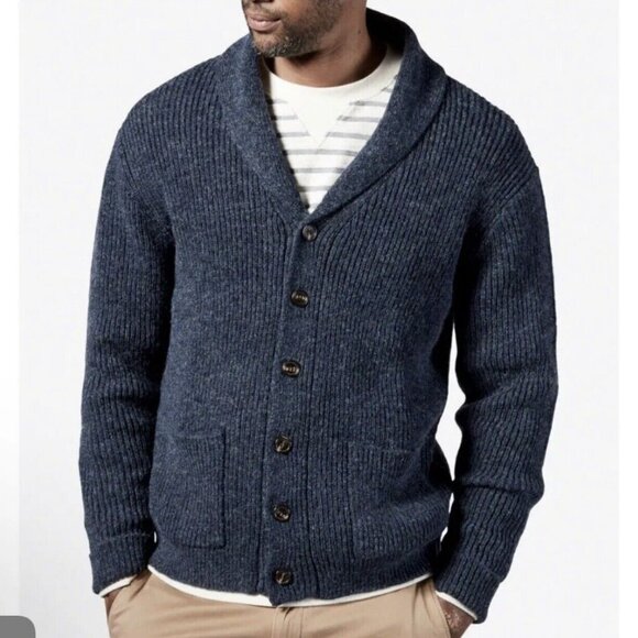 Line of Trade Men's S 100% Shetland Wool Cardigan Sweater Shawl Collar Navy Blue - Picture 12 of 12